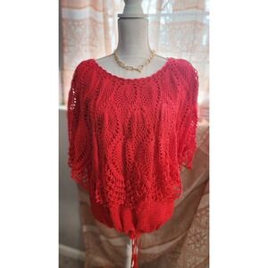 Vintage Emy's Women's Red Crochet Cotton Handcrafted Short Sleeve Tunic Blouse